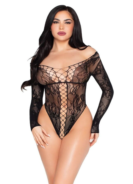 Leg avenue 89370 schwarzer spitzen und netz teddy mit langen ärmeln und gekreuztem vorderdesign in einheitsgröße