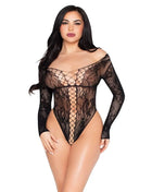 Leg avenue 89370 schwarzer spitzen und netz teddy mit langen ärmeln und gekreuztem vorderdesign in einheitsgröße