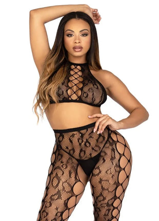 Schwarzer leg avenue crop-top mit schwarzer schrittloser strumpfhose aus spitzenstoff mit rundem ausschnitt