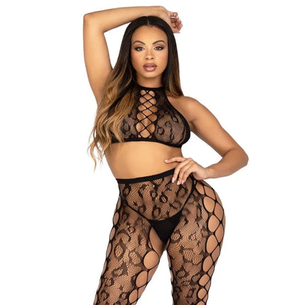 Schwarzer leg avenue crop-top mit schwarzer schrittloser strumpfhose aus spitzenstoff mit rundem ausschnitt