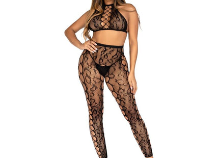 Schwarzer leg avenue crop-top und strumpfhose aus spitze mit hohem ausschnitt und cut-out details