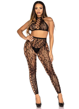 Schwarzer leg avenue crop-top und strumpfhose aus spitze mit hohem ausschnitt und cut-out details