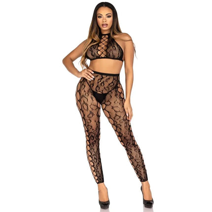 Schwarzer leg avenue crop-top und strumpfhose aus spitze mit hohem ausschnitt und cut-out details