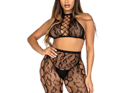 Schwarzer leg avenue body mit spitzenmuster und hochgeschlossenem leopardendesign crop-top und schrittlose strumpfhose