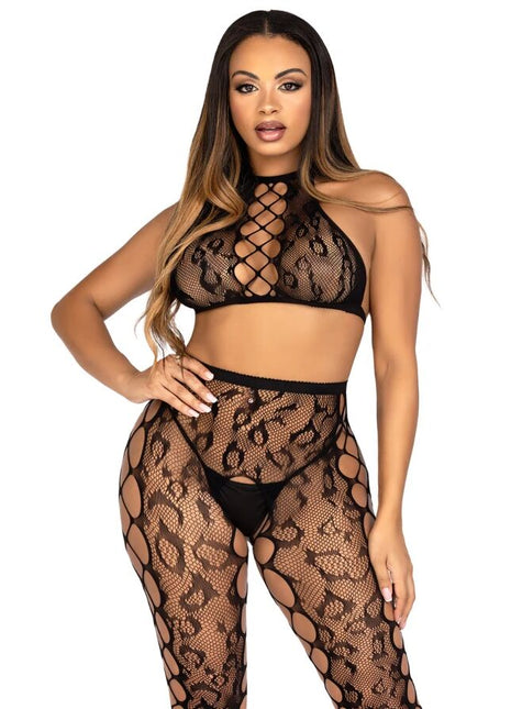 Schwarzer leg avenue body mit spitzenmuster und hochgeschlossenem leopardendesign crop-top und schrittlose strumpfhose