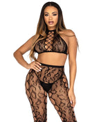 Schwarzer leg avenue body mit spitzenmuster und hochgeschlossenem leopardendesign crop-top und schrittlose strumpfhose