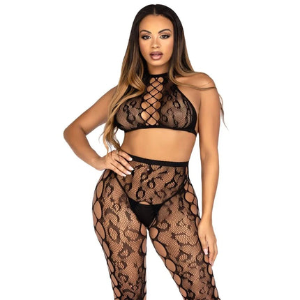 Schwarzer leg avenue body mit spitzenmuster und hochgeschlossenem leopardendesign crop-top und schrittlose strumpfhose