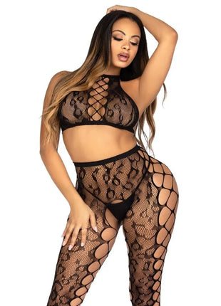Leg avenue schwarzer spitzenbody mit hohem ausschnitt und fishnetmuster mit kreisförmigen ausschnitten