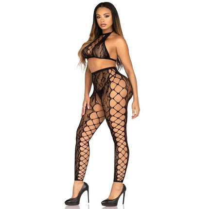 Schwarzes leg avenue fishnet lingerie set mit hohem ausschnitt und mesh muster aus crop-top und schrittloser strumpfhose