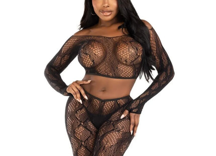LEG AVENUE - 89373 PYTHON-CROP-TOP & FUSSLOSE STRUMPFHOSE SCHWARZ - EINHEITSGRÖSSE