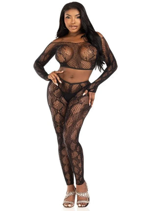 LEG AVENUE - 89373 PYTHON-CROP-TOP & FUSSLOSE STRUMPFHOSE SCHWARZ - EINHEITSGRÖSSE