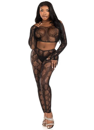 LEG AVENUE - 89373 PYTHON-CROP-TOP & FUSSLOSE STRUMPFHOSE SCHWARZ - EINHEITSGRÖSSE