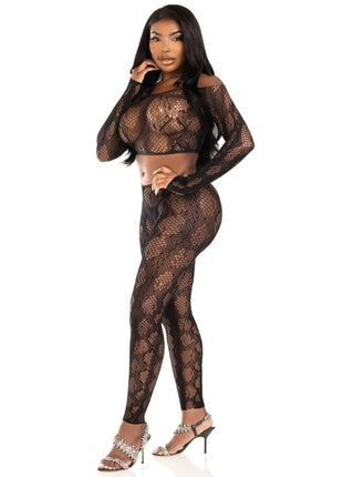 LEG AVENUE - 89373 PYTHON-CROP-TOP & FUSSLOSE STRUMPFHOSE SCHWARZ - EINHEITSGRÖSSE