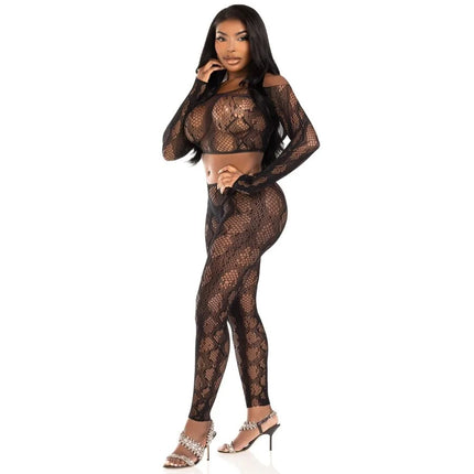 LEG AVENUE - 89373 PYTHON-CROP-TOP & FUSSLOSE STRUMPFHOSE SCHWARZ - EINHEITSGRÖSSE