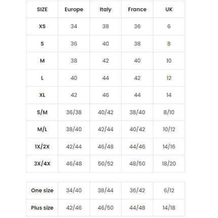 Größentabelle für leg avenue body rosa spitze mit kreuzausschnitt in europäischen italienischen französischen und uk größen