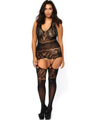 Schwarzer Leg Avenue Bodystocking mit Blumendesign aus Spitze mit passenden Strümpfen und Strapshaltern in großer Größe
