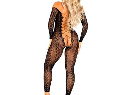 LEG AVENUE - BODYSTOCKING MIT OFFENEM SCHRITT AUS EXOTISCHER SCHLANGENSPITZE IN SCHWARZ - Bodystocking