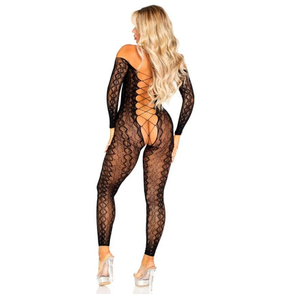 LEG AVENUE - BODYSTOCKING MIT OFFENEM SCHRITT AUS EXOTISCHER SCHLANGENSPITZE IN SCHWARZ - Bodystocking