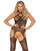 Schwarzer leg avenue bodystocking mit trägern aus netzstoff und gekreuztem neckholder in einer größe