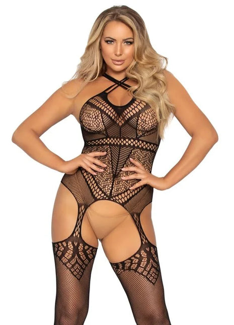 Schwarzer leg avenue bodystocking mit trägern aus netzstoff und gekreuztem neckholder in einer größe