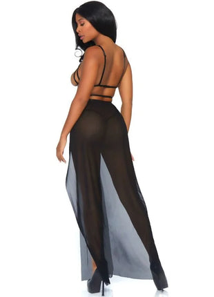 Schwarze leg avenue cage maxikleid und tanga s m mit transparenten mesh hosen, hohem schlitz und rückenausschnitt
