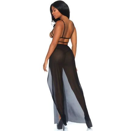 Schwarze leg avenue cage maxikleid und tanga s m mit transparenten mesh hosen, hohem schlitz und rückenausschnitt