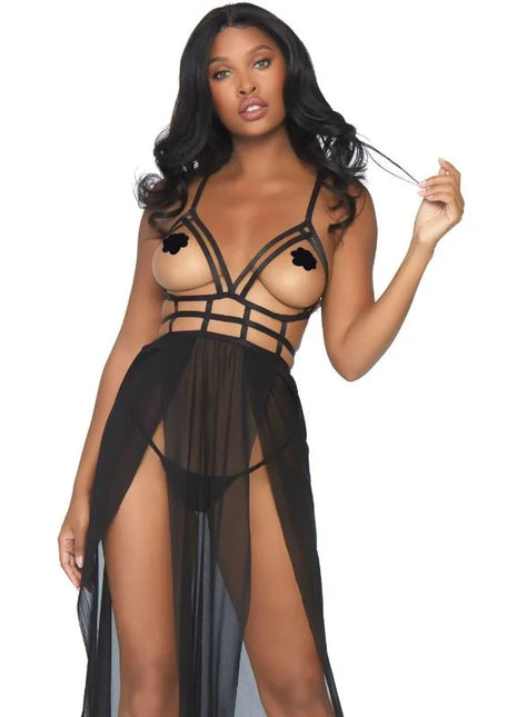 Schwarzes durchscheinendes lingerie-set von leg avenue mit geschnürtem bustier und hohem schlitzrock s m