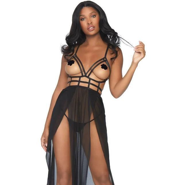 Schwarzes durchscheinendes lingerie-set von leg avenue mit geschnürtem bustier und hohem schlitzrock s m