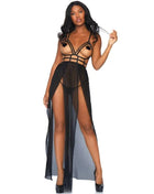 Schwarzes sheer mesh lingerie set von leg avenue mit trägerbesetztem spitzenoberteil und hohem schlitzrock in größe s/m