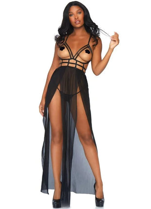 Schwarzes sheer mesh lingerie set von leg avenue mit trägerbesetztem spitzenoberteil und hohem schlitzrock in größe s/m