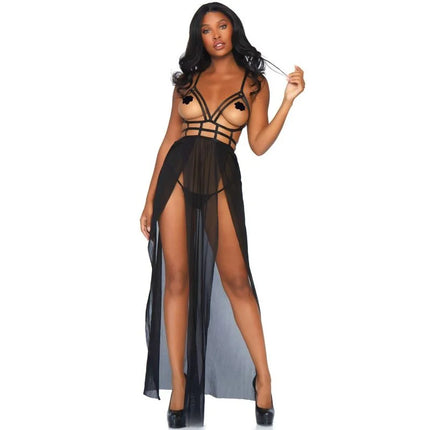 Schwarzes sheer mesh lingerie set von leg avenue mit trägerbesetztem spitzenoberteil und hohem schlitzrock in größe s/m