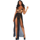 Schwarzes sheer mesh lingerie set von leg avenue mit trägerbesetztem spitzenoberteil und hohem schlitzrock in größe s/m