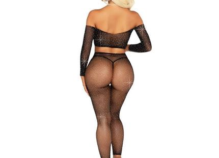 LEG AVENUE - CROP TOP UND NETZLEGGING MIT STRASS-STEINEN SCHWARZ - BH & Slip