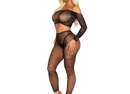LEG AVENUE - CROP TOP UND NETZLEGGING MIT STRASS-STEINEN SCHWARZ - BH & Slip