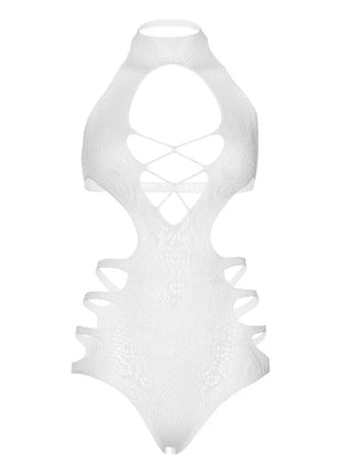 Weißer, transparenter mesh-cut-out strappy bodysuit mit hohem ausschnitt von leg avenue eine größe
