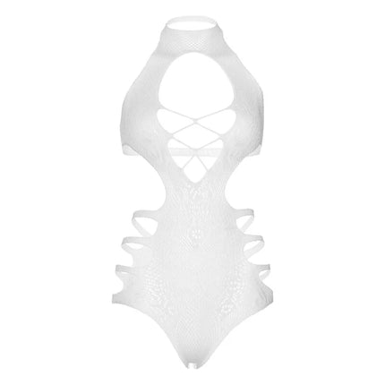 Weißer, transparenter mesh-cut-out strappy bodysuit mit hohem ausschnitt von leg avenue eine größe