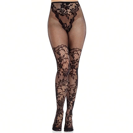 LEG AVENUE – Dahlia Spitzenstrümpfe mit Netzdetail - Halterlose Strümpfe