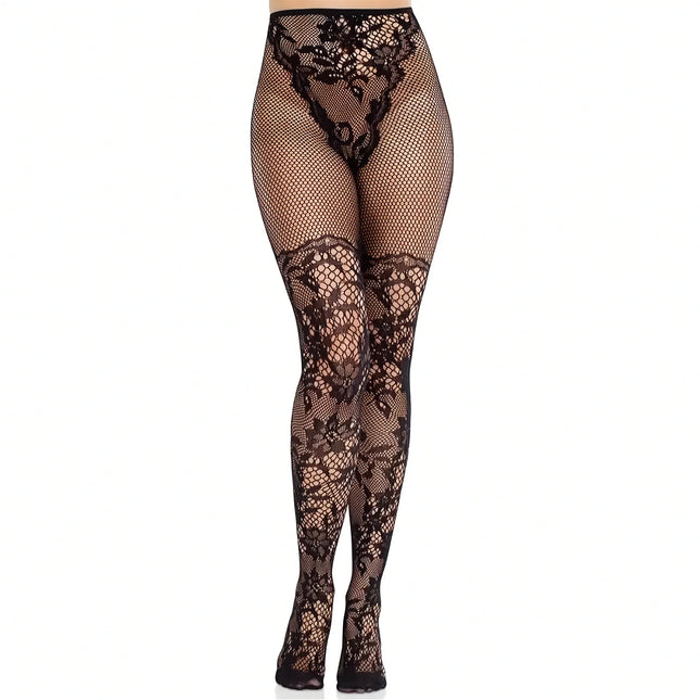 LEG AVENUE – Dahlia Spitzenstrümpfe mit Netzdetail - Halterlose Strümpfe