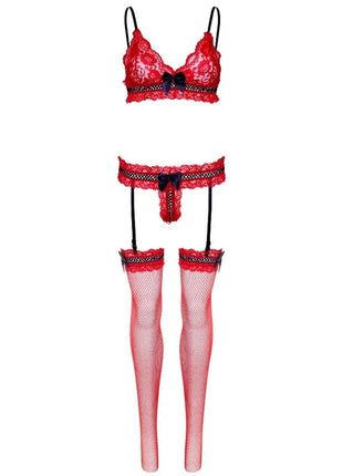Rotes dreiteiliges spitzen-lingerie-set mit schwarzem rand und passenden strumpfhaltern von leg avenue