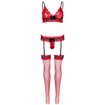 Rotes dreiteiliges spitzen-lingerie-set mit schwarzem rand und passenden strumpfhaltern von leg avenue
