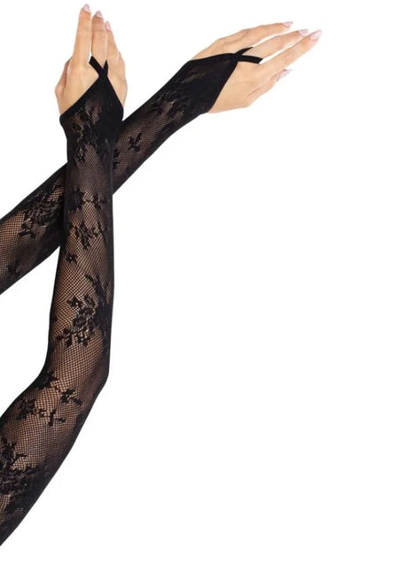 LEG AVENUE - EXTRA LANGE ARMWÄRMERHANDSCHUHE MIT BLUMENSPITZE SCHWARZ