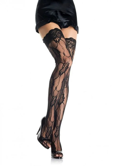 Schwarze spitzenstrümpfe mit floralen mustern von leg avenue floral romantische spitzenstrümpfe