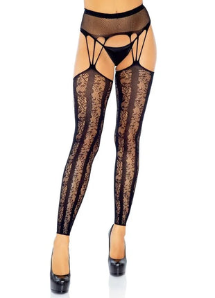 Schwarze spitzenstrümpfe von leg avenue mit mesh-taillenbund und kreuzriemen eine größe fusslose strumpfgürtelstrümpfe