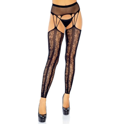 Schwarze spitzenstrümpfe von leg avenue mit mesh-taillenbund und kreuzriemen eine größe fusslose strumpfgürtelstrümpfe
