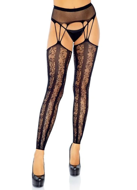 Schwarze spitzenstrümpfe von leg avenue mit mesh-taillenbund und kreuzriemen eine größe fusslose strumpfgürtelstrümpfe