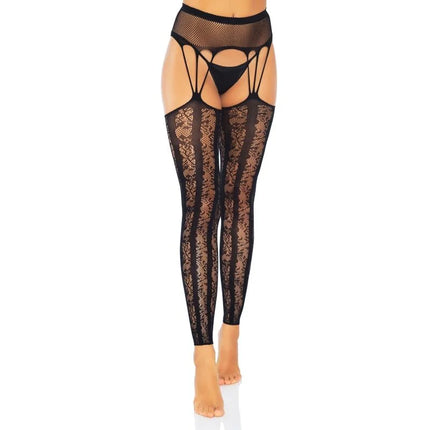 Schwarze spitzen strumpfhosen mit mesh bund und kreuzriemen von leg avenue fusslose strumpfguertelstruempfe eine groesse