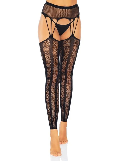 Schwarze spitzen strumpfhosen mit mesh bund und kreuzriemen von leg avenue fusslose strumpfguertelstruempfe eine groesse
