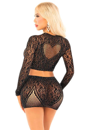 LEG AVENUE - GLÄNZENDES NETZ-CROP + MINIROCK SCHWARZ - Sexy Dessous-Set