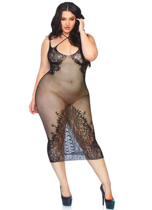 Leg avenue halterkleid mit zwei riemen in schwarz aus fischernetzstoff mit spitzenverzierungen am ausschnitt und saum
