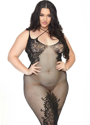 Leg avenue schwarzer lace bodysuit mit fishnet mesh und floralen details am ausschnitt, schultern und beinen